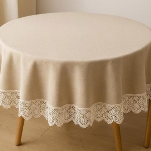 Stain Resistant Round Lace Trim Tablecloth